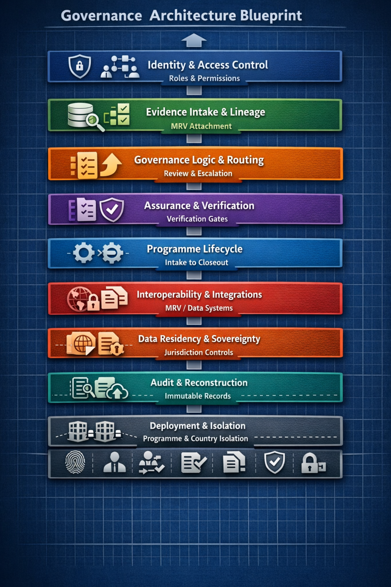 Governance Architecture Blueprint showing identity and access control, evidence intake and lineage, governance logic and routing, assurance and verification, programme lifecycle, interoperability and integrations, data residency and sovereignty, audit and reconstruction, and deployment and isolation.