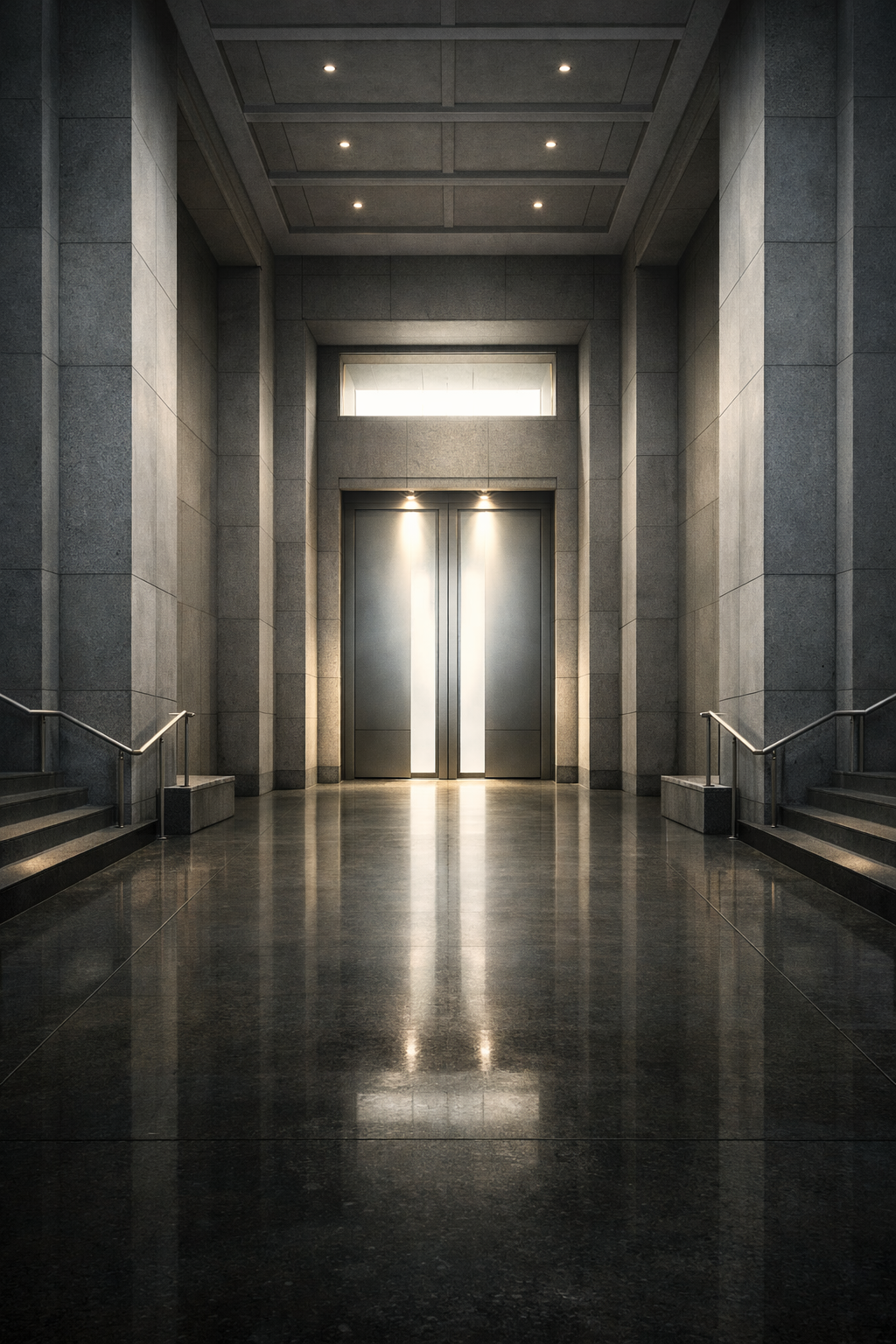 Institutional threshold corridor with illuminated doors, representing the governed public front door into institutional diligence.