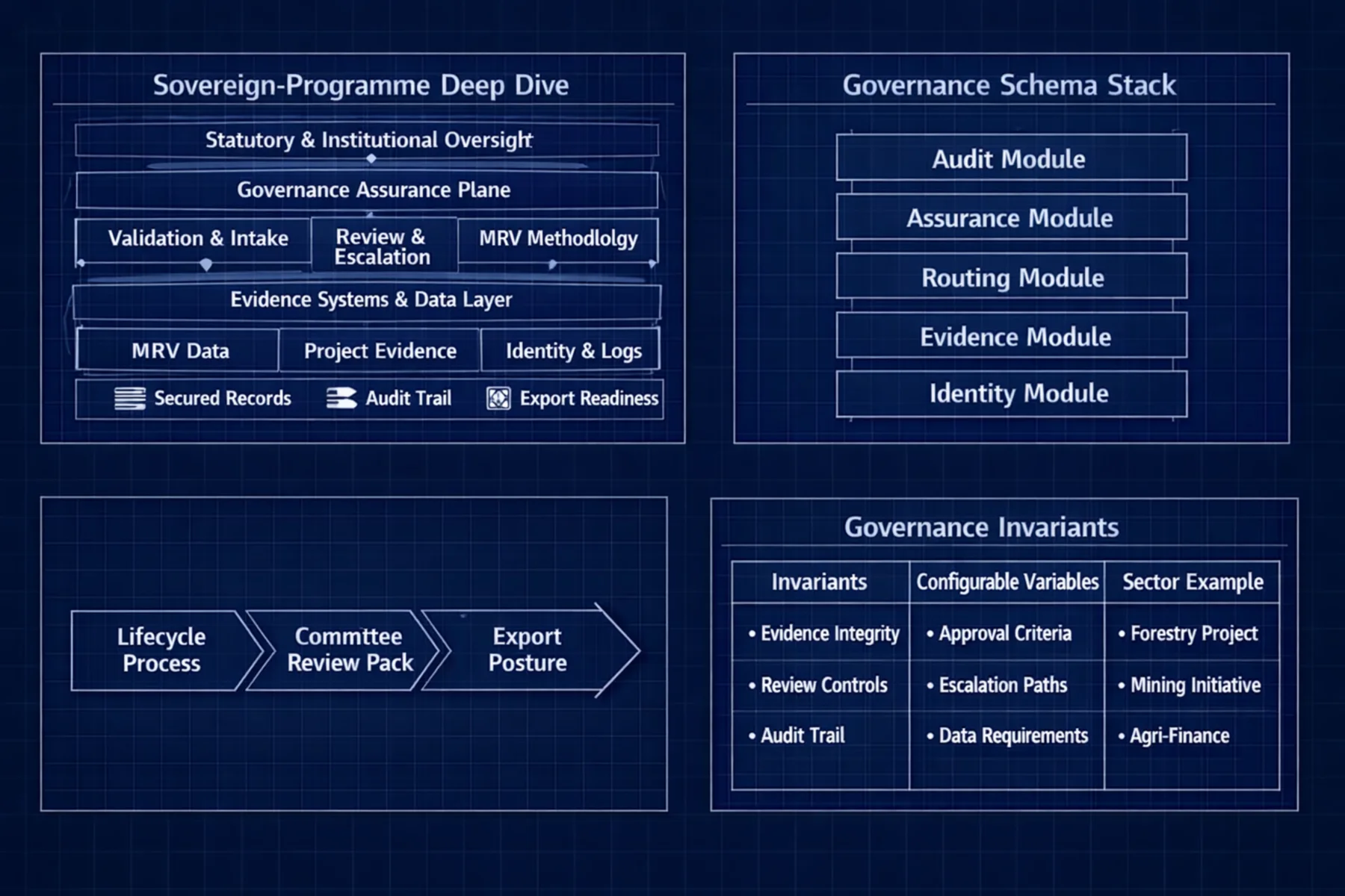 Four panel sovereign programme deep dive, schema stack, lifecycle and governance invariants.